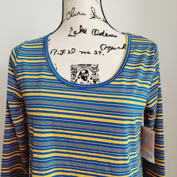 NWT LulaRoe Lynnae Blue Yellow Striped Tunic Top Long Sleeve S - Picture 2 of 7